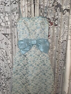 Vintage Light Blue and Cream Lace Maxi Dress with Satin Bow